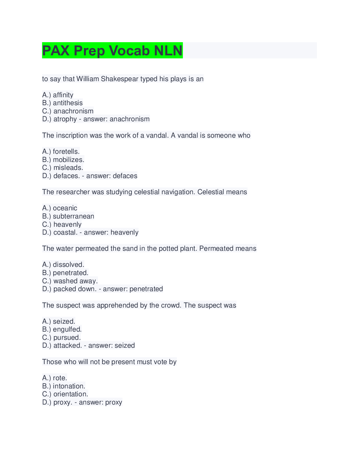 Preview image for PAX VOCABULARY NLN QUESTIONS & ANSWERS FROM ACTUAL EXAM 2022 UPDATE
