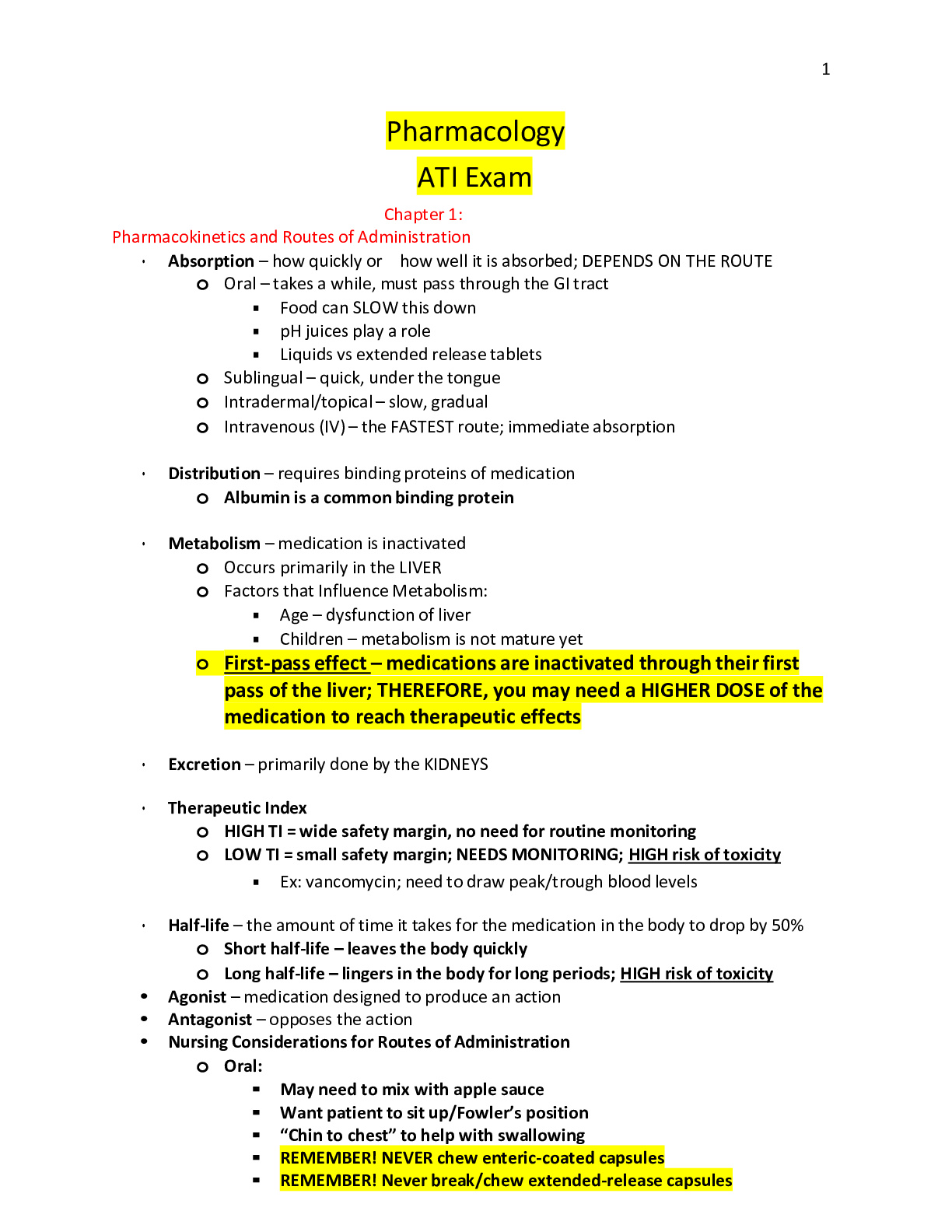 Preview of NUR 153pharmacology ATI proctor notes.