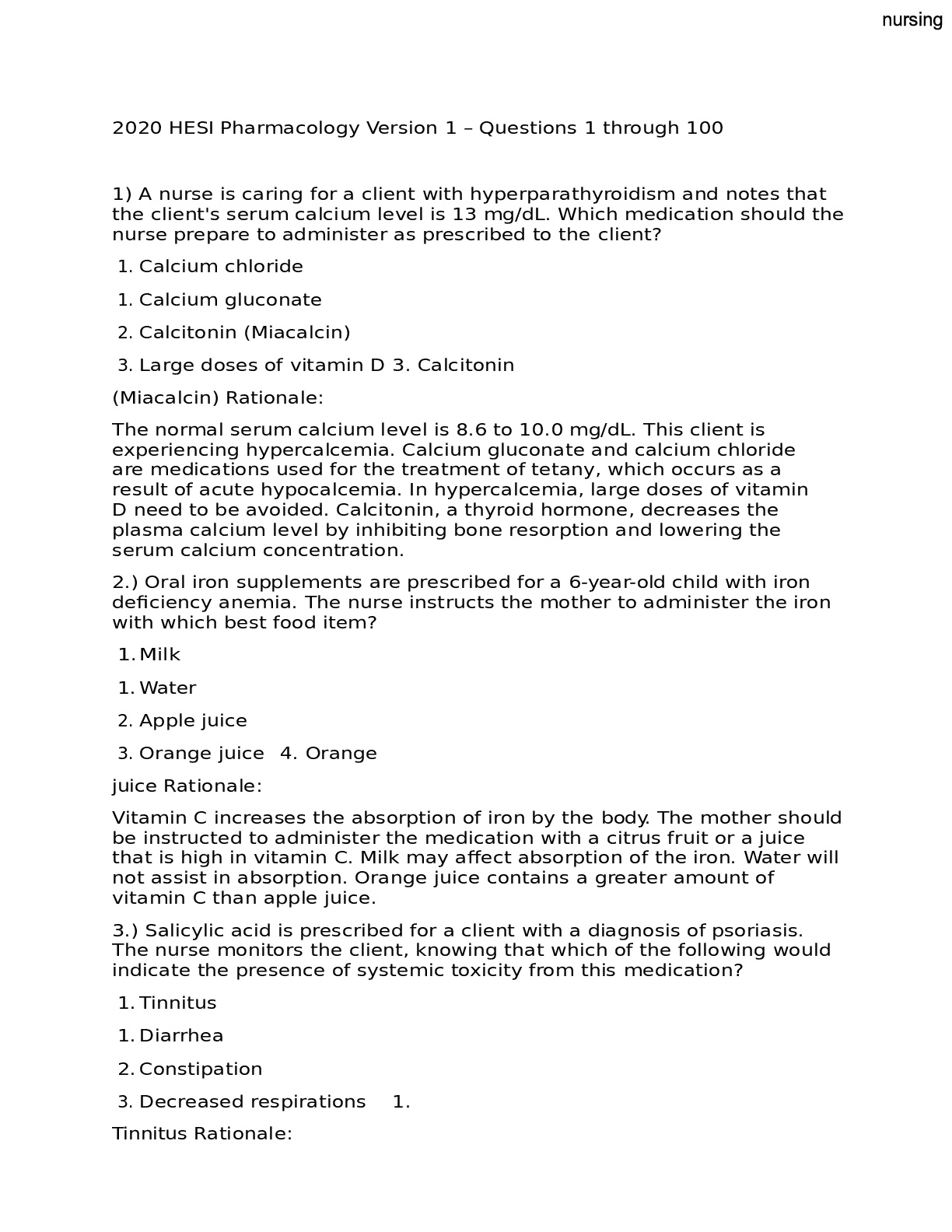 Preview image for 2020 HESI Pharmacology Version 1