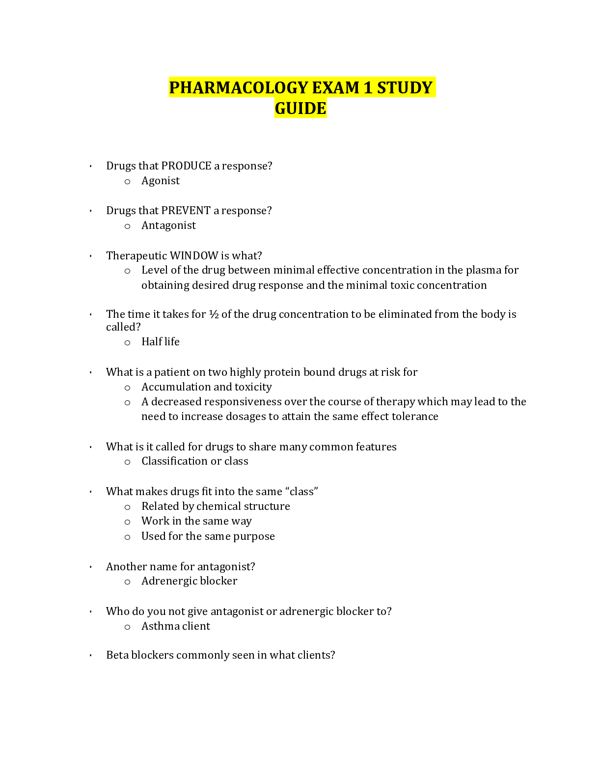 Preview image for PHARMACOLOGY EXAM 1 STUDY GUIDE(Download For Excellent Scores)