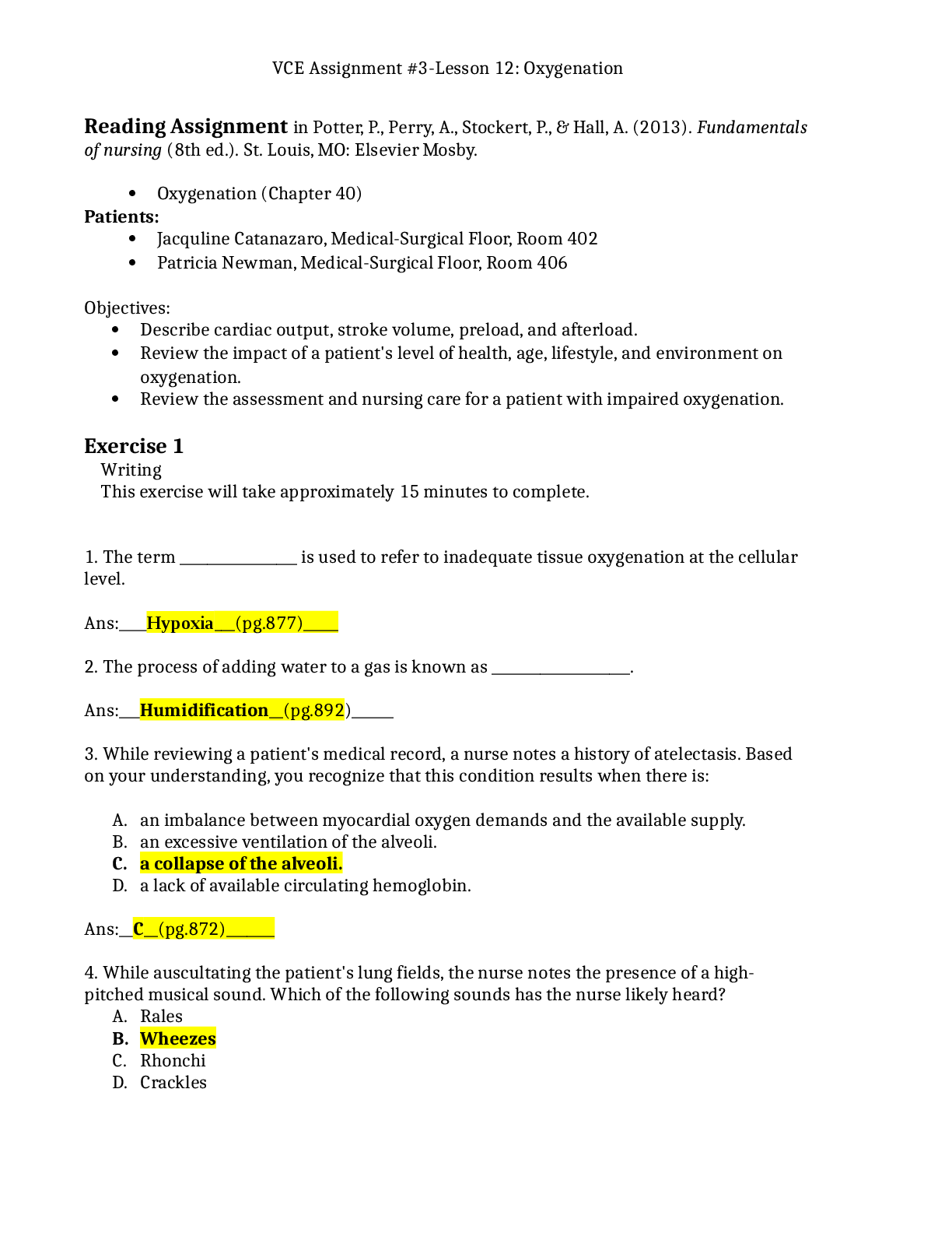NUR 321 VCE #3 Lesson 12- Oxygenation BEST EXAM STUDY GUIDE