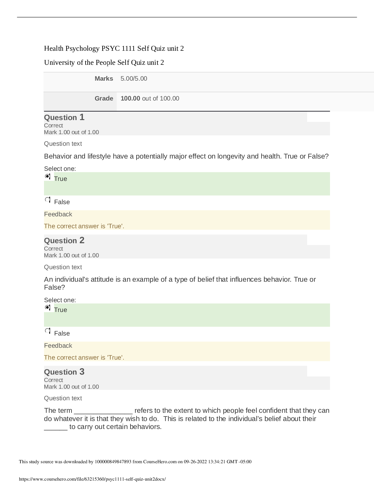 Preview image for University of the People PSYCHOLOGY PSYC 1111 : Health Psychology PSYC 1111 Self Quiz unit 2