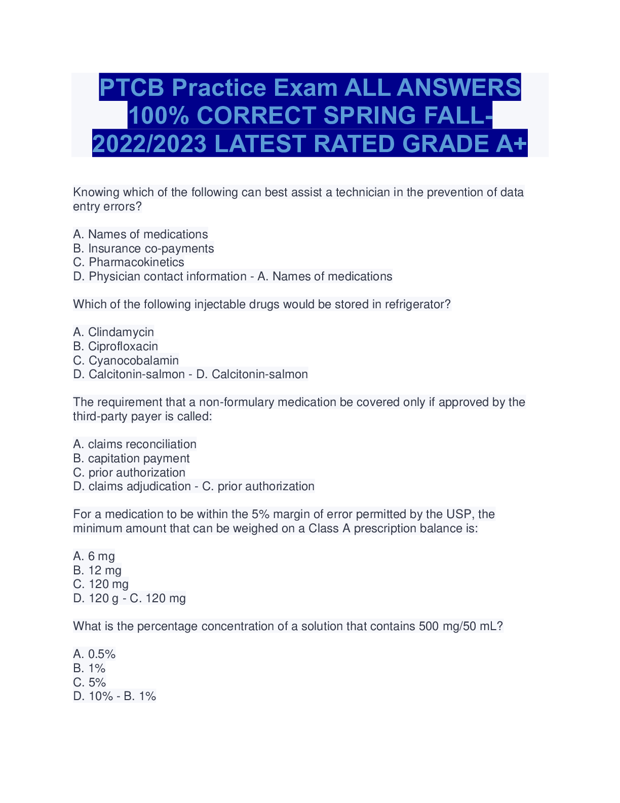 Preview image for PTCB Practice Exam(2022 Actual questions and answers)Works 100%