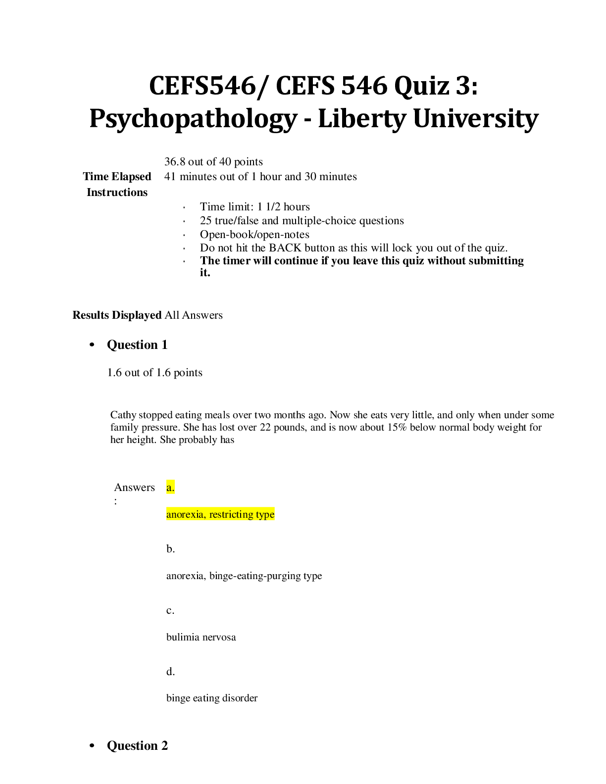 Preview image for (answered) CEFS546/ CEFS 546 Quiz 3: Psychopathology - Liberty University
