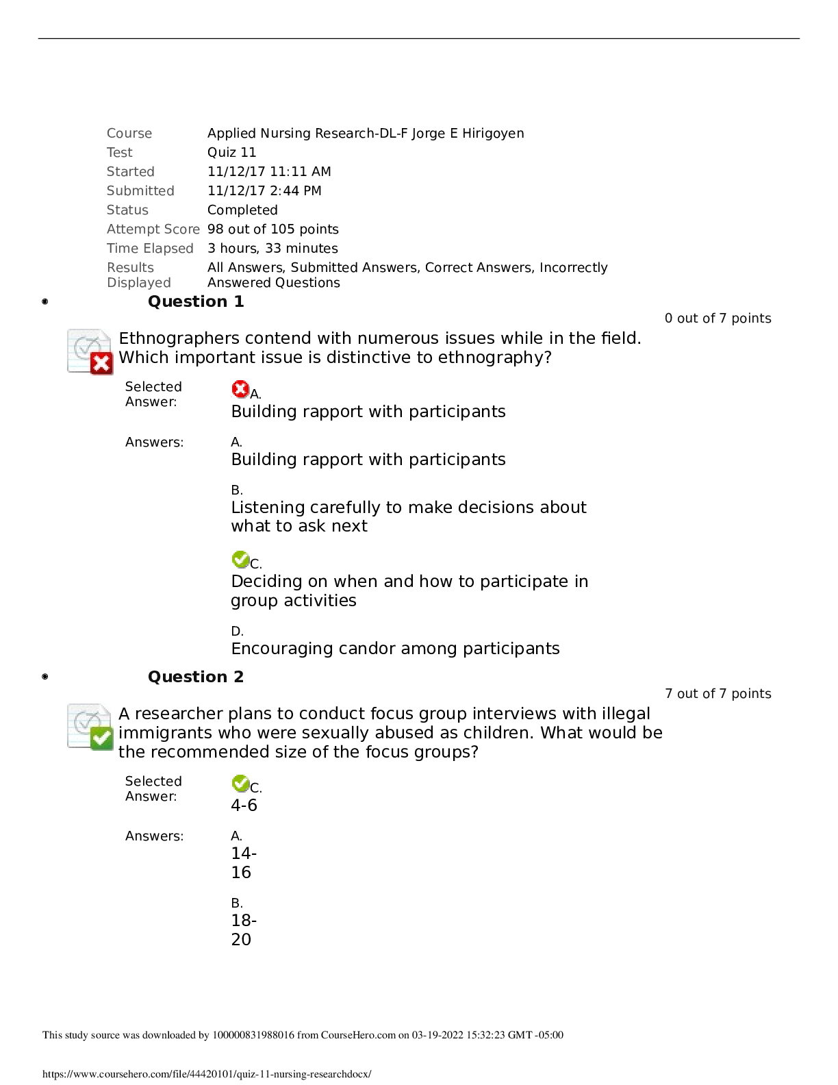 Preview of NURSING DL-F quiz 11 Applied Nursing Research Q%A 100% Correct