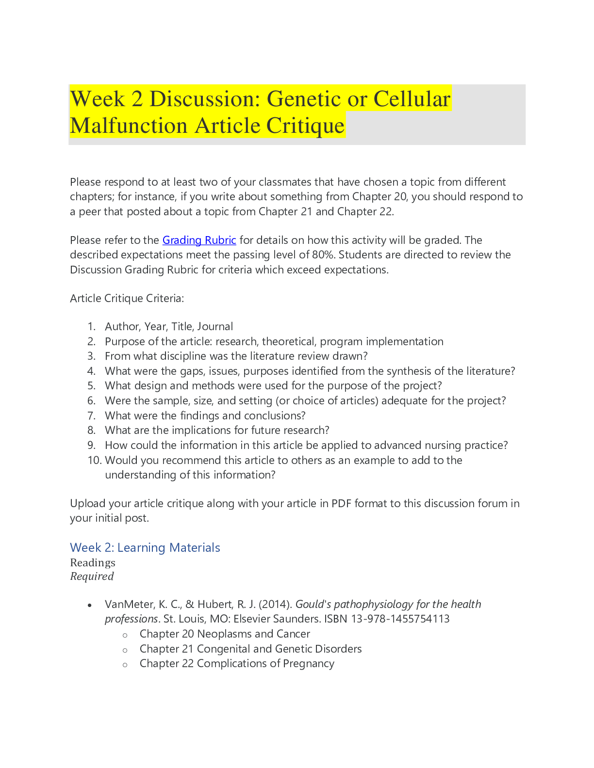 Preview of Week 2 Discussion: Genetic or Cellular Malfunction Article Critique, Complete solution gui