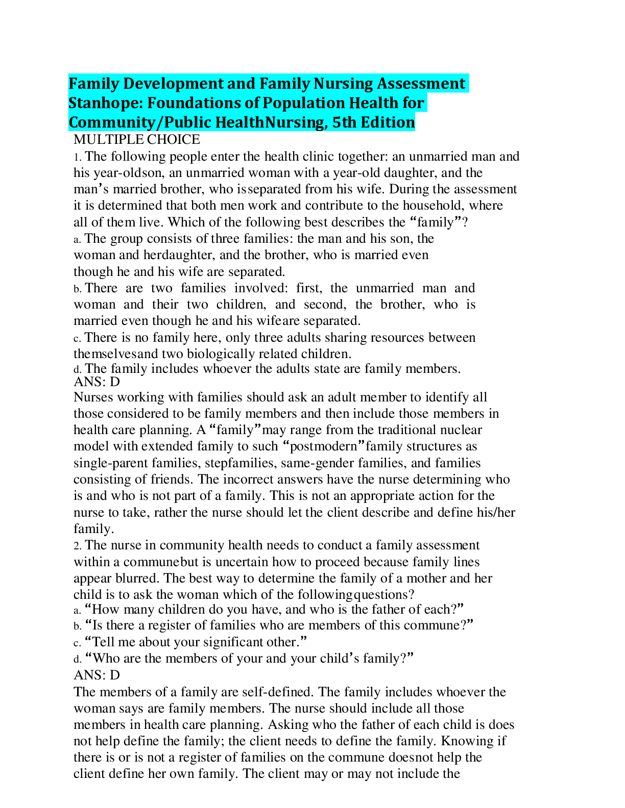 Preview image for Family Development and Family Nursing Assessment Stanhope: Foundations of Population Health for Community/Public Health Nursing, 5th Edition,100% CORRECT