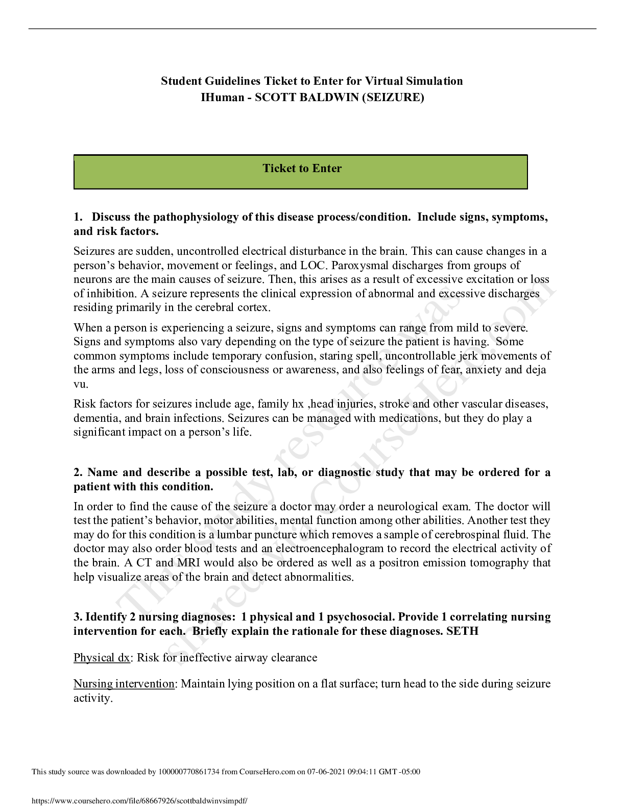 Preview image for Student Guidelines Ticket to Enter for Virtual Simulation IHuman - SCOTT BALDWIN (SEIZURE)