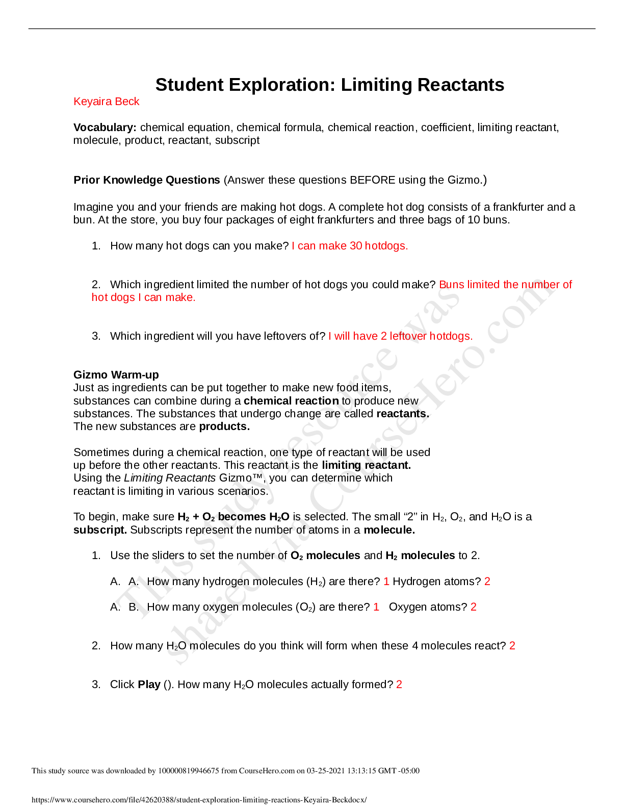 Preview of student exploration limiting reactions Keyaira Beck
