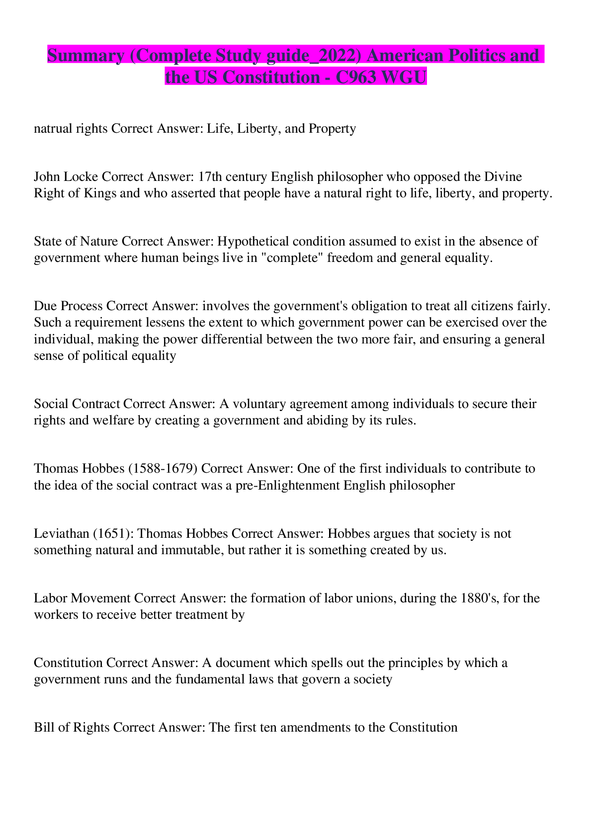 Preview image for WGU C963 American Politics and the US Constitution Questions and Answers Already Passed
