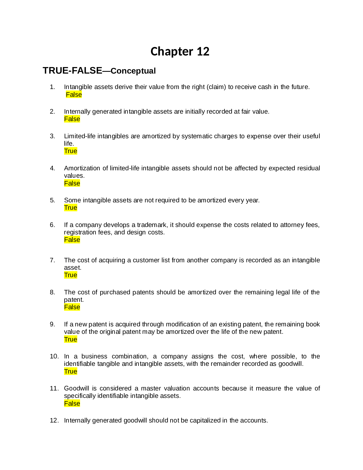 Preview image for Accounting tb chapter 12-17 multiple choice, with correct answers highlighted in yellow