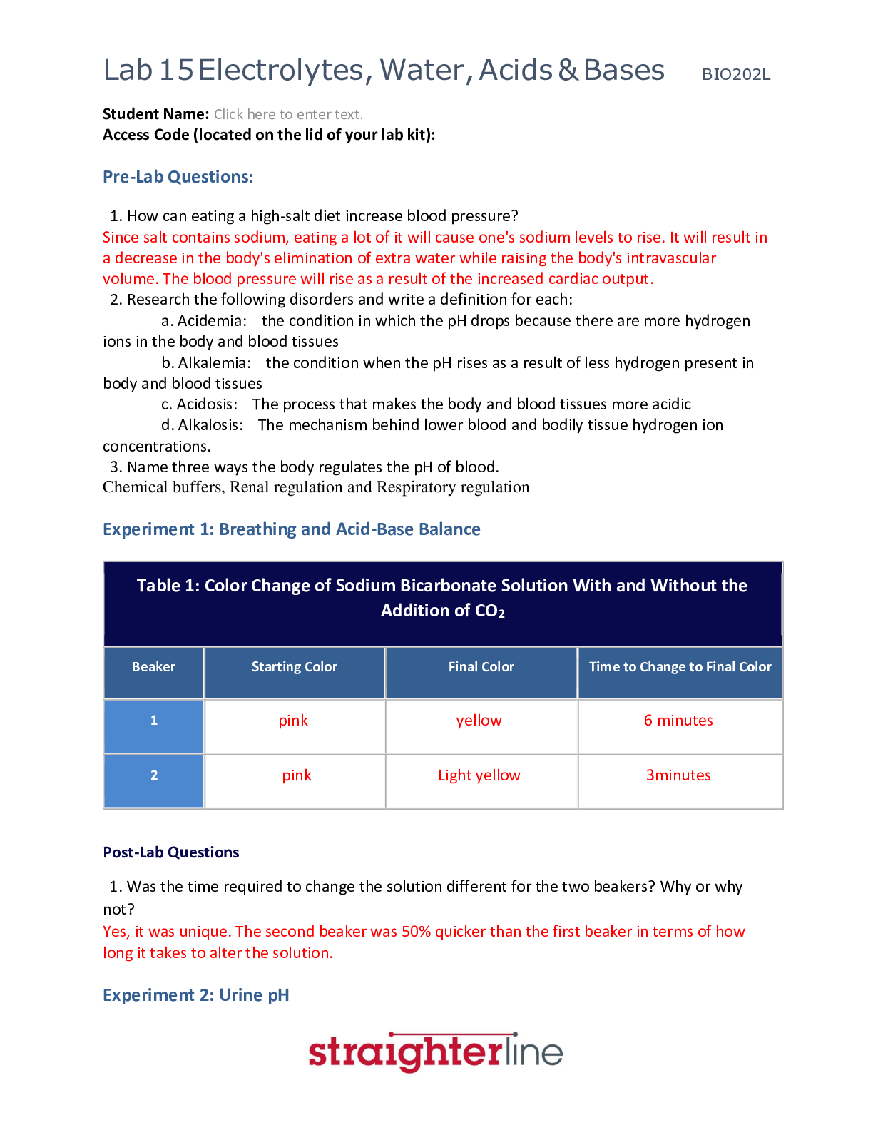 Straighterline-BIO 202L-Lab15-Electrolytes, Water, Acids and Bases Worksheet| 2022 | Complete | 100% Correct Answers