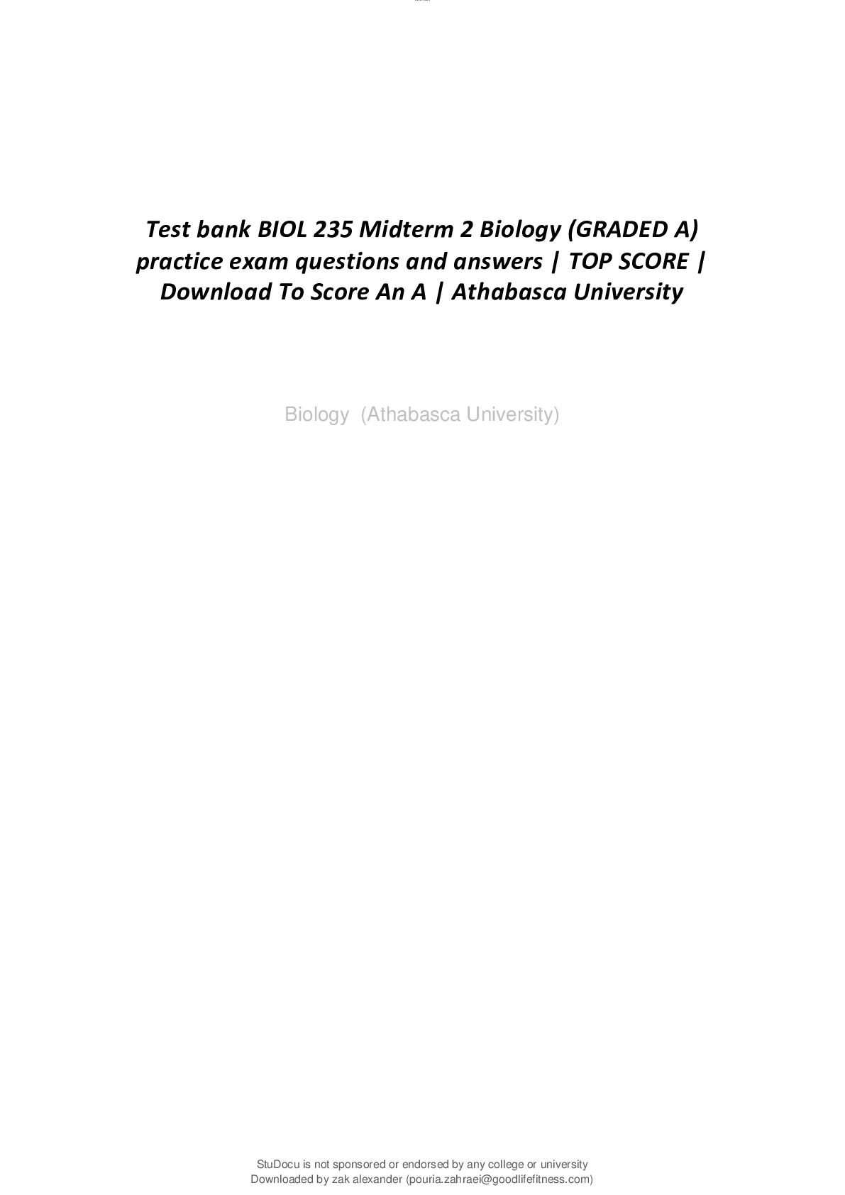 Preview of Test bank BIOL 235 Midterm 2 Biology (GRADED A) practice exam questions and answers | TOP