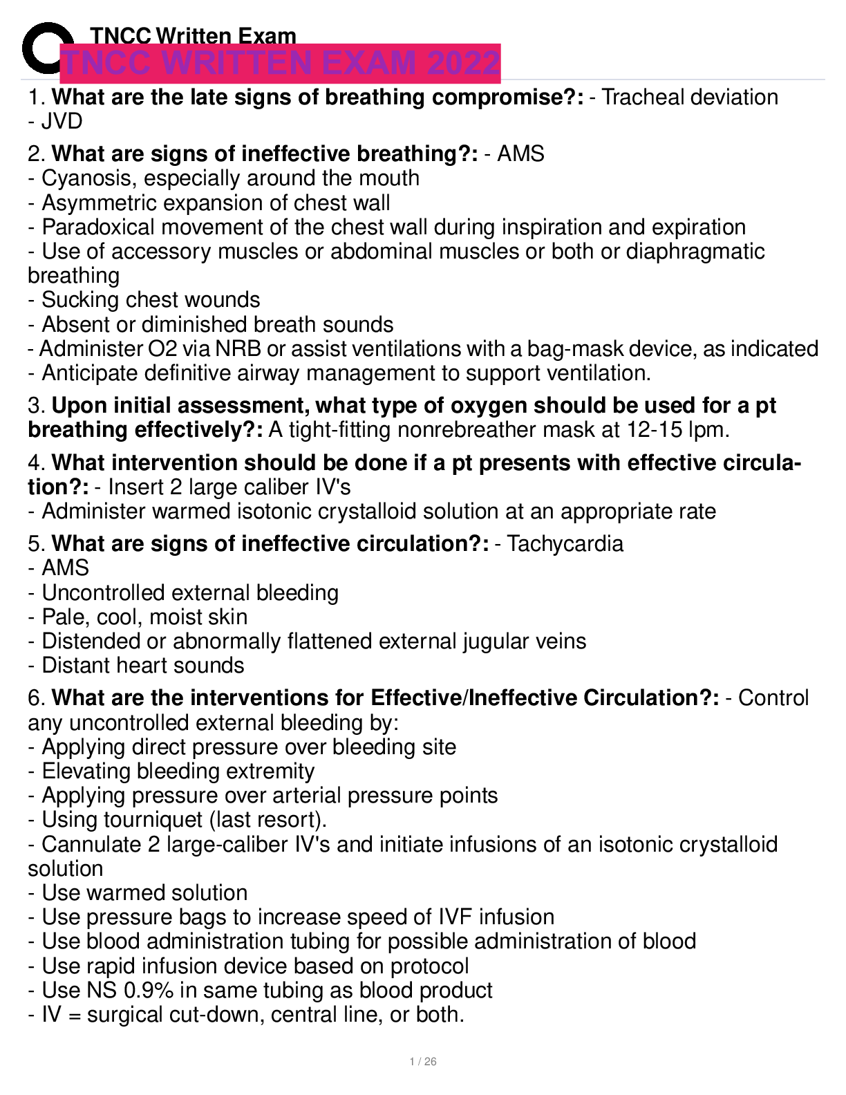 Preview image for TNCC WRITTEN EXAM 2022 100 % verified