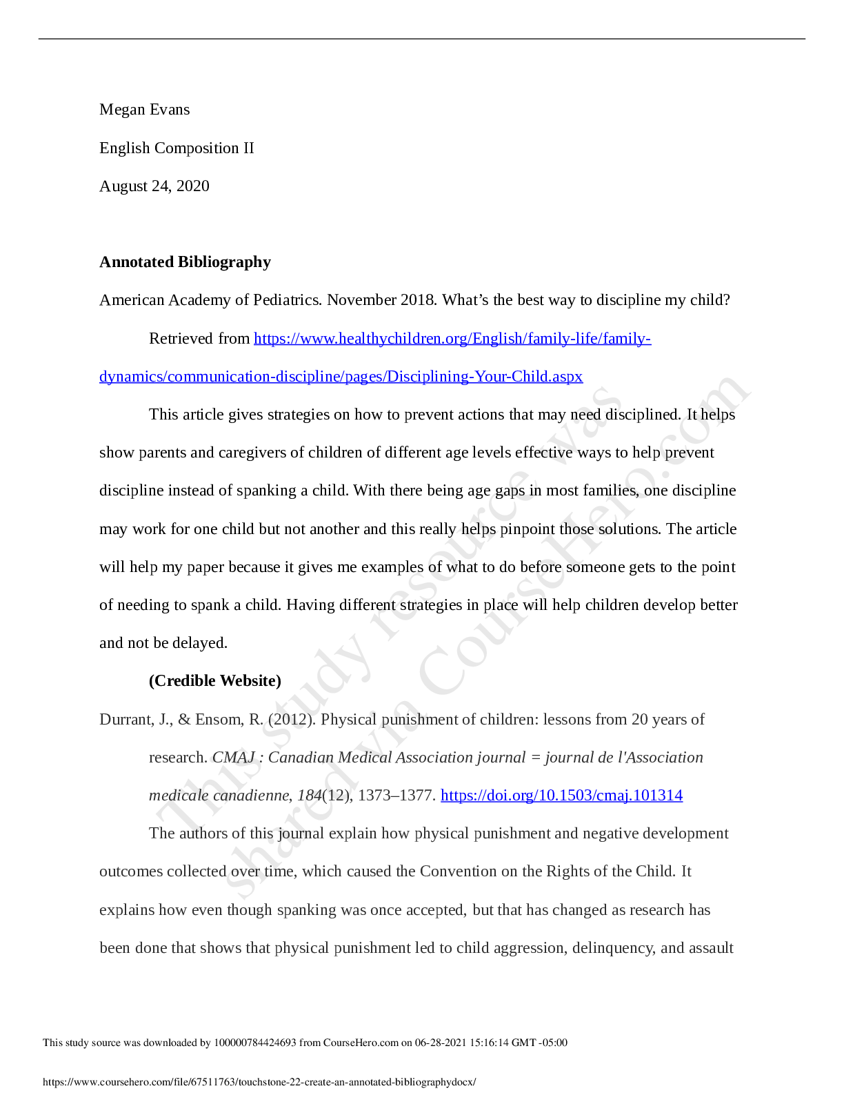 Preview of Grand Canyon University SOCIOLOGY SOC-220 touchstone 2.2 create an annotated bibliography.