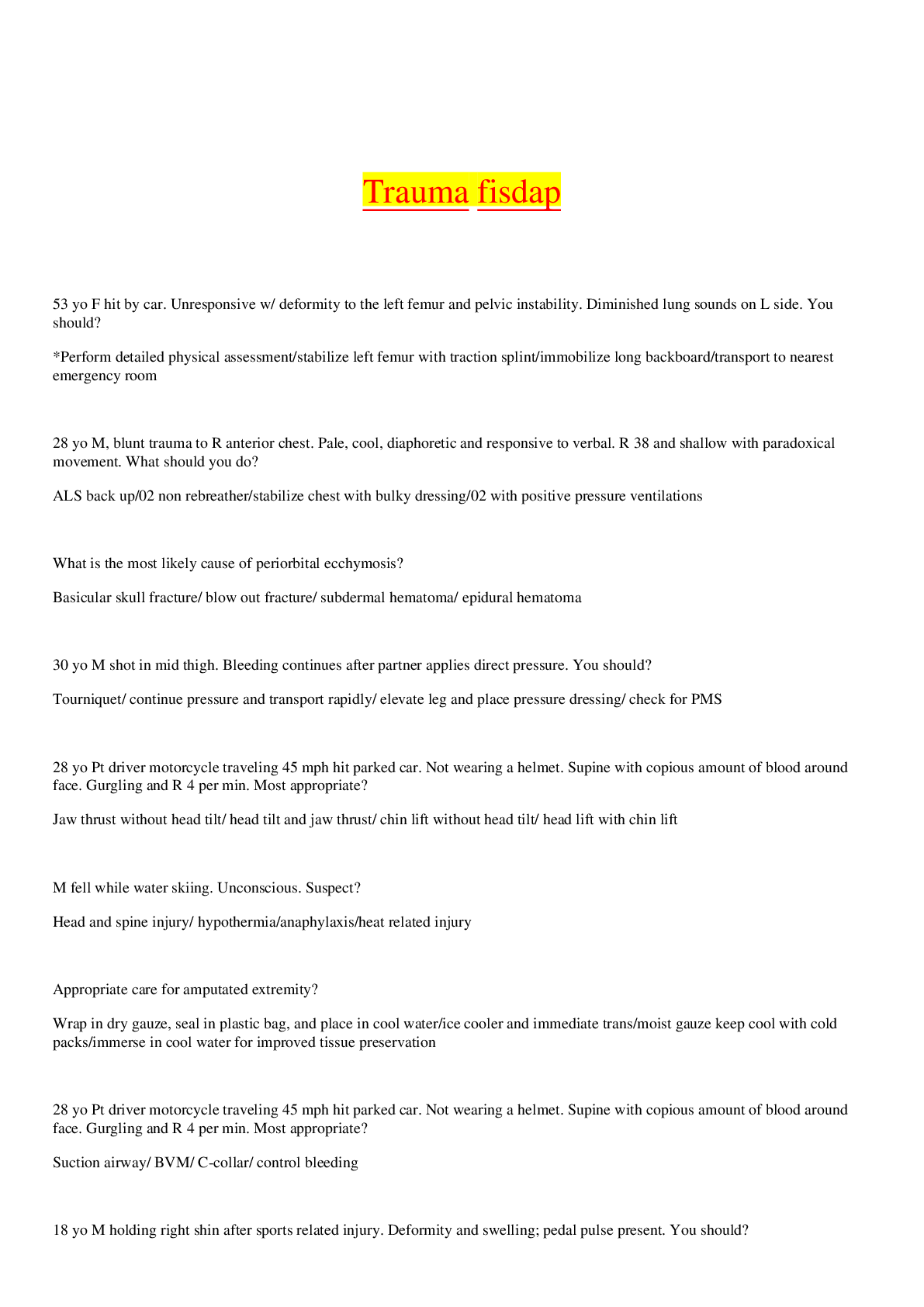 Preview image for TRAUMA _ FISDAP QUESTIONS WITH ANSWERS PROVIDED COMPLETE STUDY GUIDE