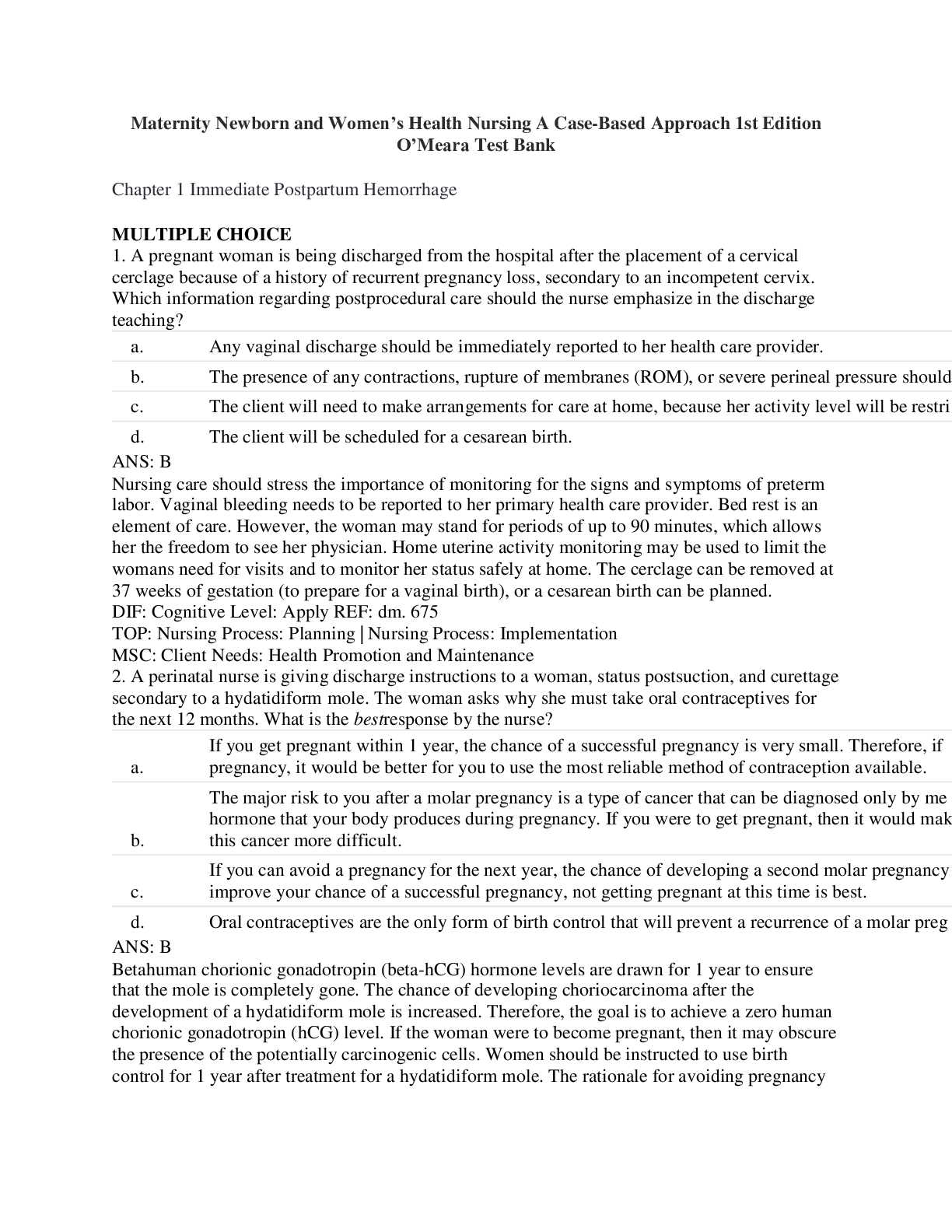 Preview image for Maternity Newborn and Women’s Health Nursing A Case-Based Approach 1st Edition O’Meara Test Bank