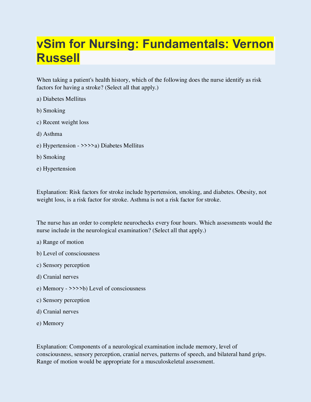 vSim for Nursing: Fundamentals: Vernon Russell  | with 100% Correct Answers | Updated & Verified