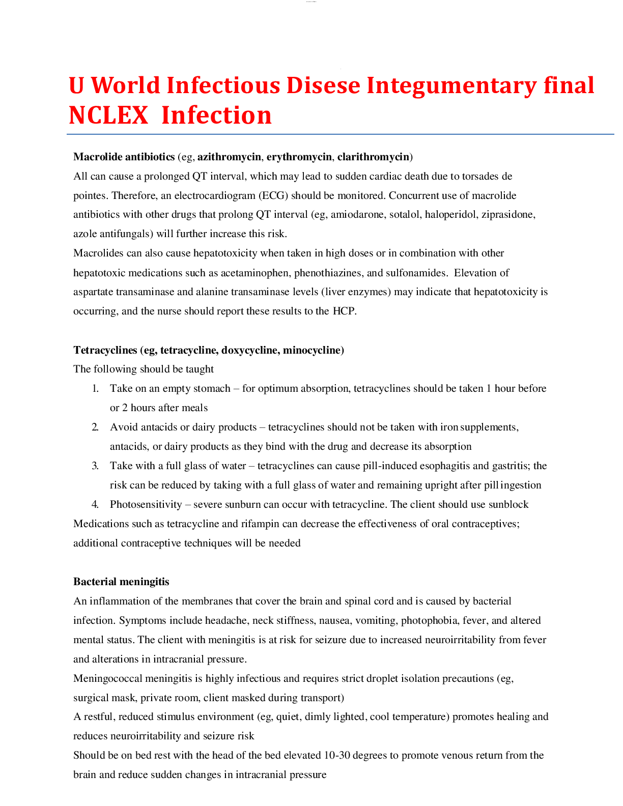 Preview image for U World Infectious Disese Integumentary final NCLEX  Infection. The information study guide you need on U World Infectious Disese Integumentary final NCLEX  Infection for last minute reading.