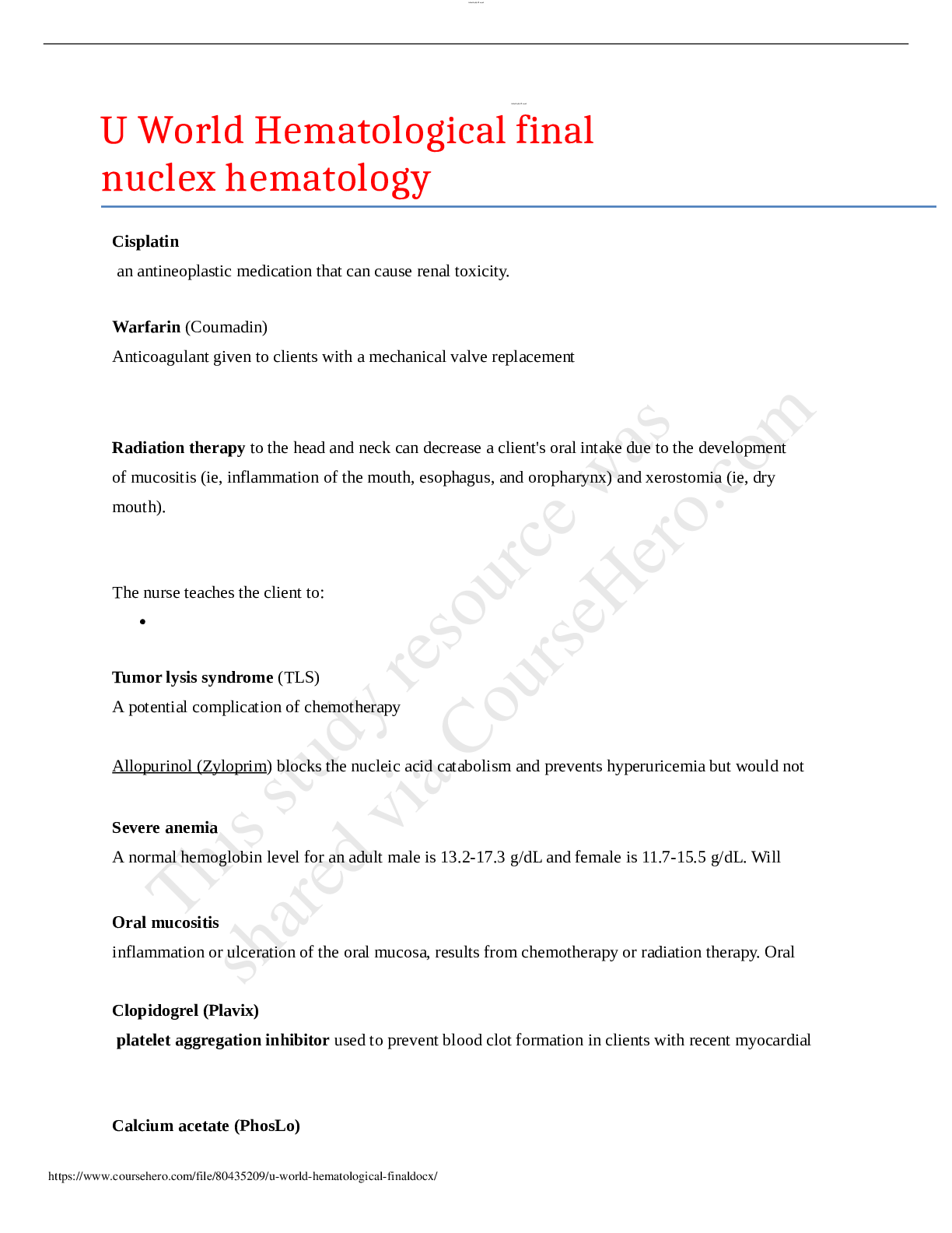 Preview image for U World Hematological Final. Nuclex Hematology. Comprehensive Quick-Content to Guarantee Passing the UWorld Hematological Final Exam.