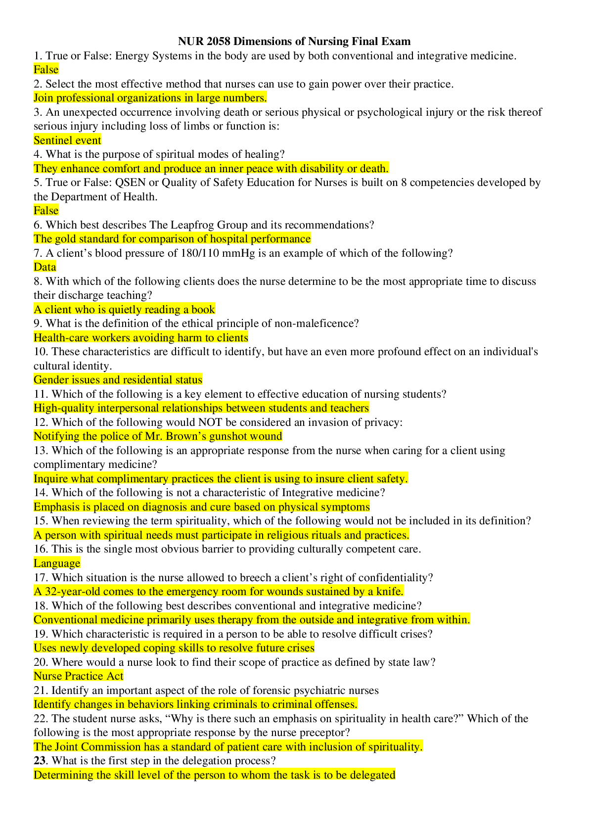 Preview of NUR 2058 Dimensions Of Nursing Final Exam > Rasmussen College (2019/20) - Already Graded A