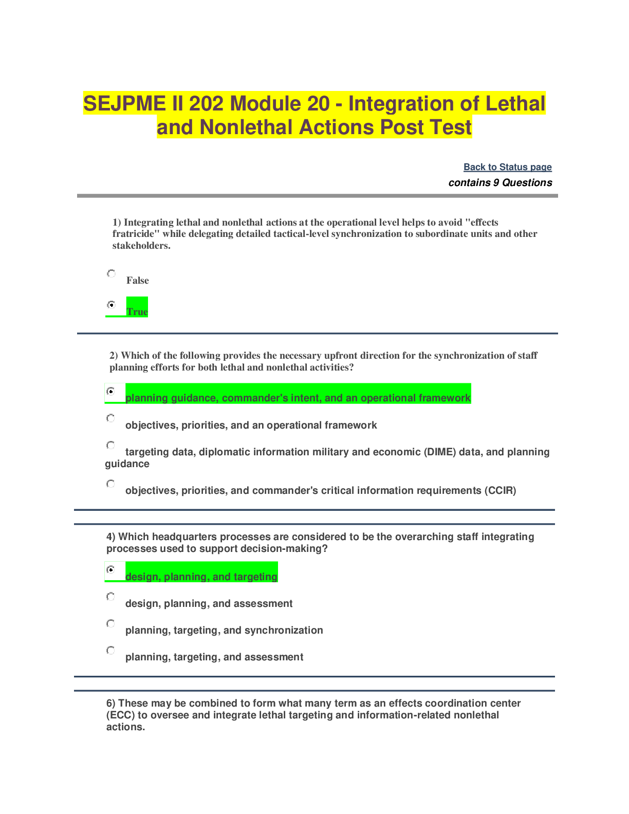 Preview of SEJPME II 202 Module 20 - Integration of Lethal and Nonlethal Actions Post Test answers (2