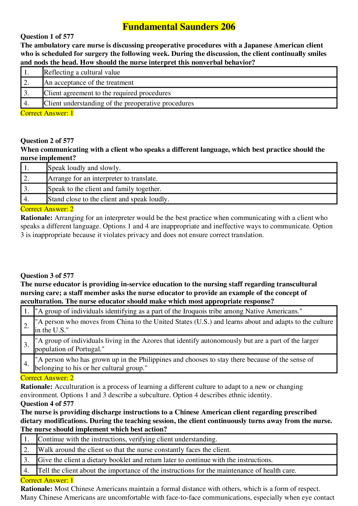 Preview of Fundamental Saunders 206 | Latest Summer 2020 Complete Test Bank Solutions|Rationales: GRA