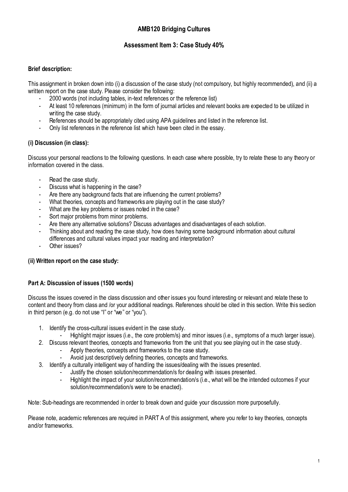 Preview image for AMB120 Bridging Cultures   Assessment Item 3: Case Study 40% of the course.