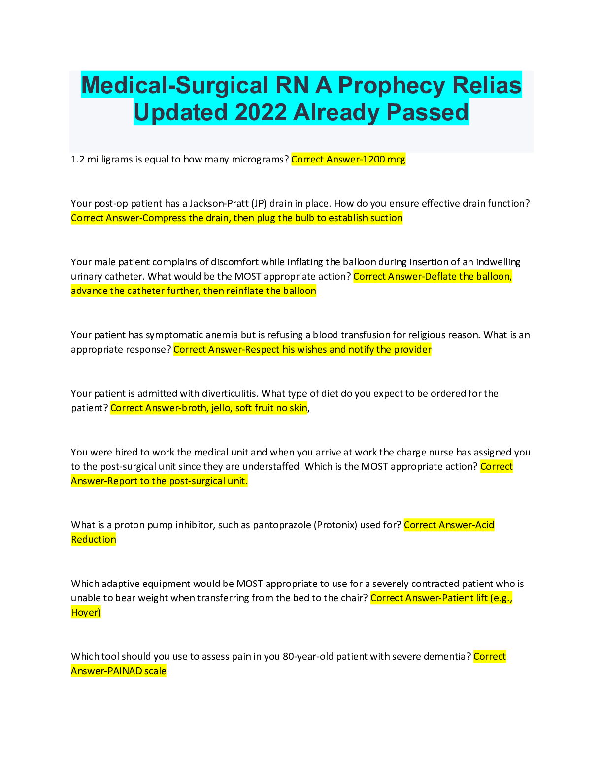 Preview image for Medical-Surgical RN A Prophecy Relias Updated 2022 Already Passed