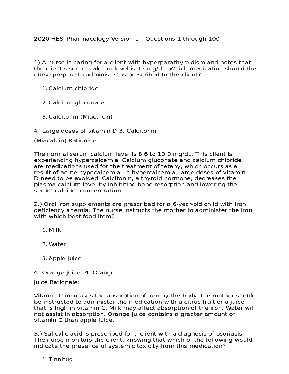 Preview image for 2020_2021 HESI Pharmacology Version 1 (100 Questions and Answers with Rationale) RATED A