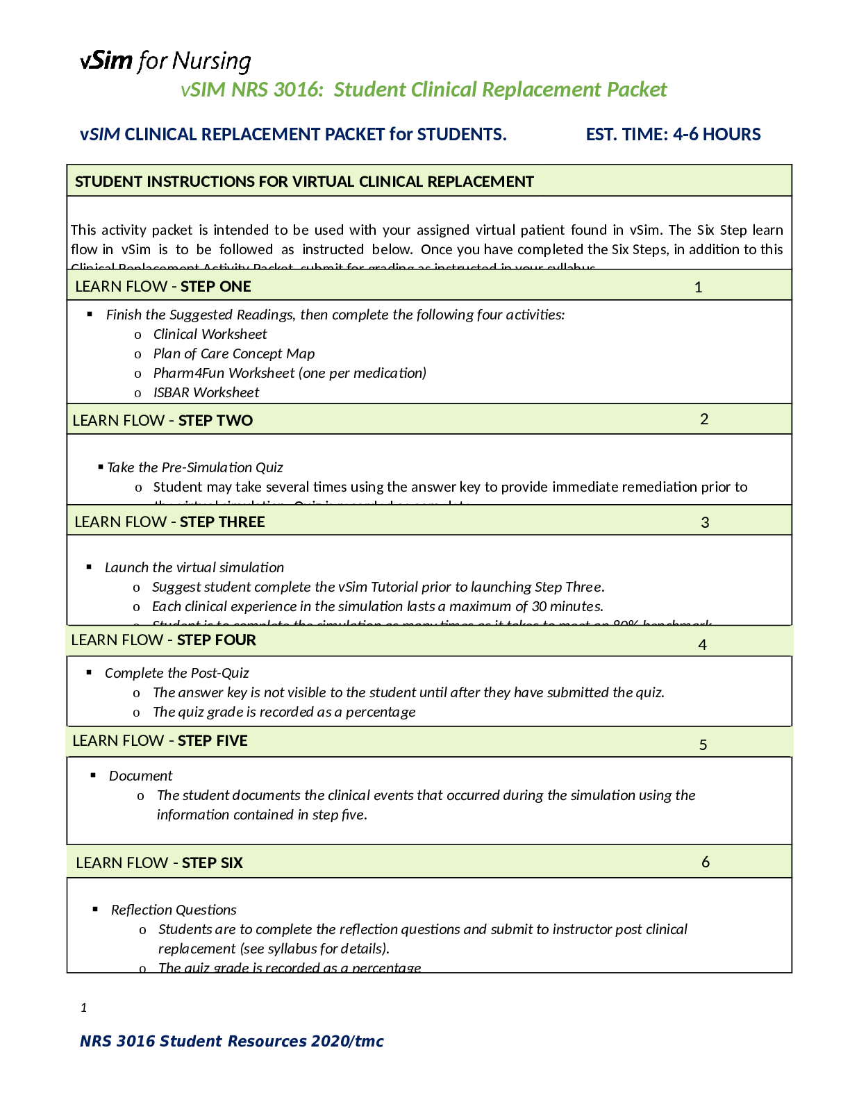 Preview image for vSIM NRS 3016 Student Clinical Replacement Packet.
