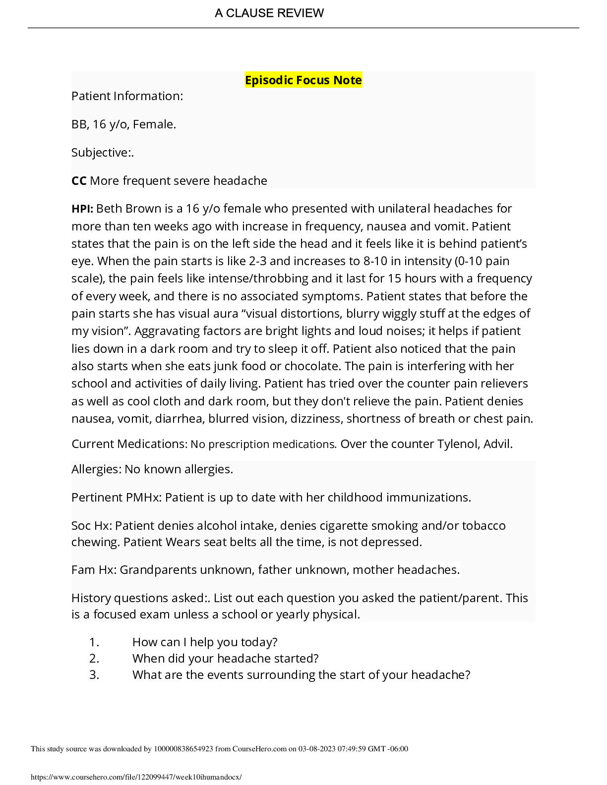 Preview image for NURS 3020 week10 ihuman Episodic Focus Note