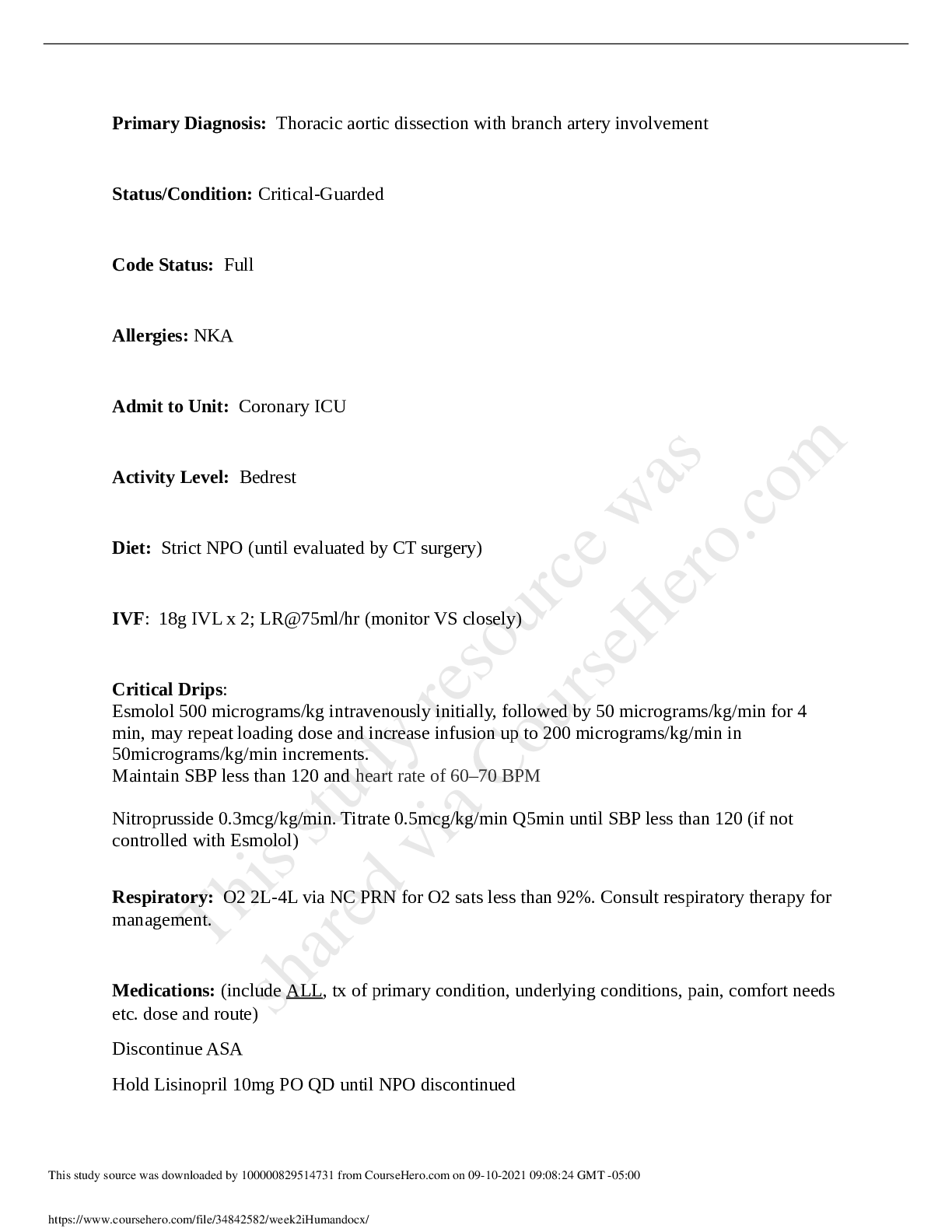 Preview image for NURS 6560 week 2 ihuman_Primary Diagnosis: Thoracic aortic dissection with branch artery involvement.