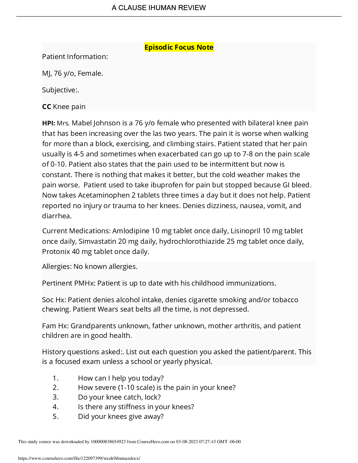 Preview image for NURS 3020 week 9 ihuman Episodic Focus Note