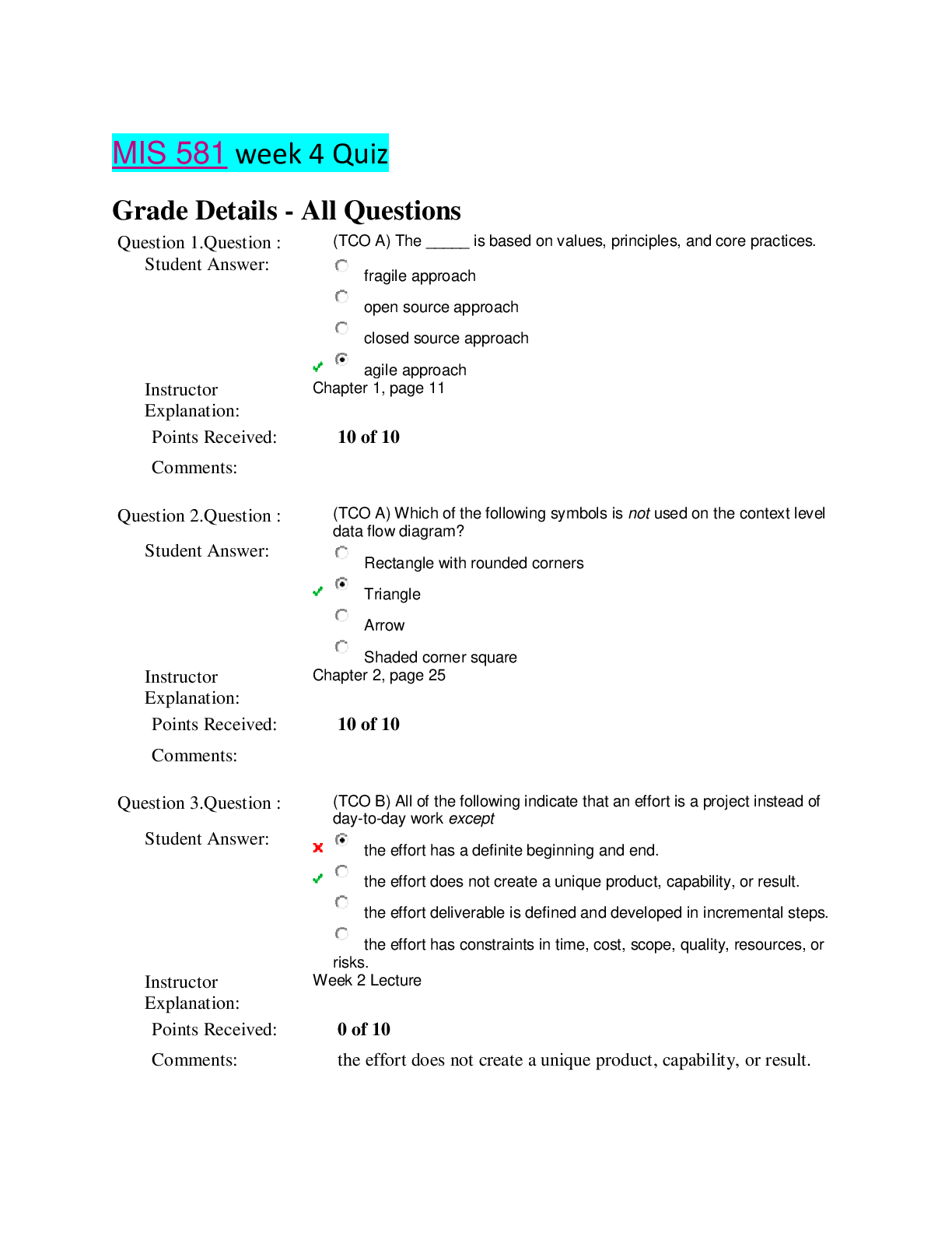 Preview of MIS 581 week 4 Quiz with complete solution(Real quiz 2020/2021)