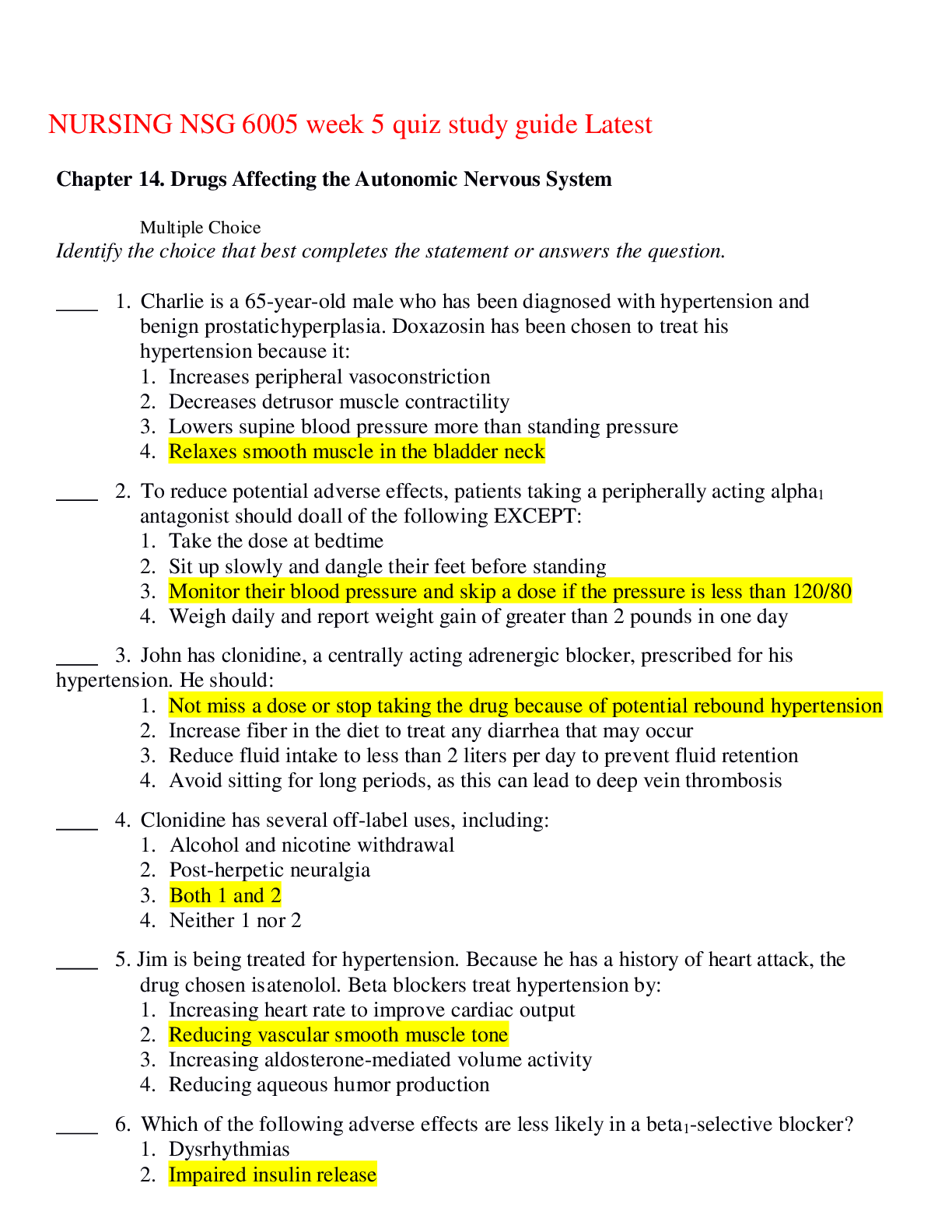 Preview of NURSING NSG 6005 week 5 quiz study guide Latest,100% CORRECT