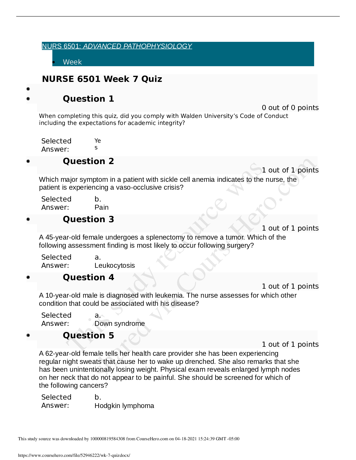 Preview image for Advanced Pathophysiology NURS 6501_ Week 7 Quiz Review
