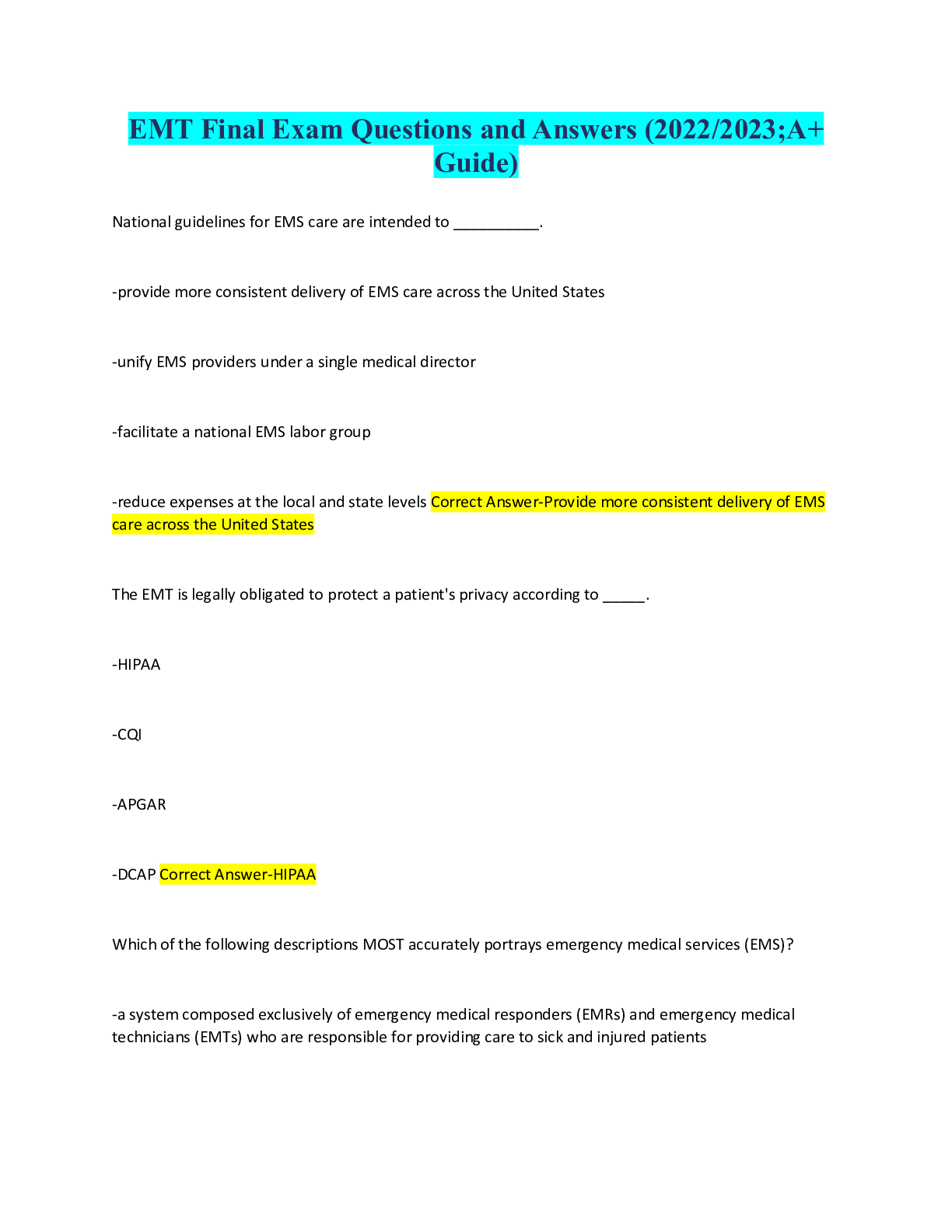 EMT Final Exam Questions and Answers (2022/2023;A+ Guide). 100% proven pass rate.